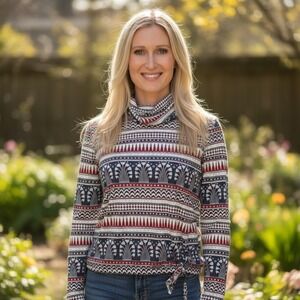 Vintage Alex Colman Sportswear Cowl Neck Geometric Print Side Tie Top Red Blue